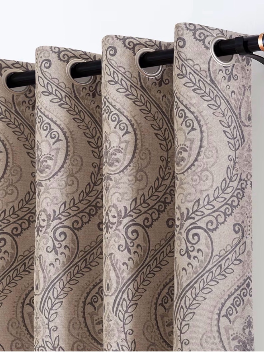 Damask Curtain Panels in Gray on Beige set of 2 (Room Darkening)